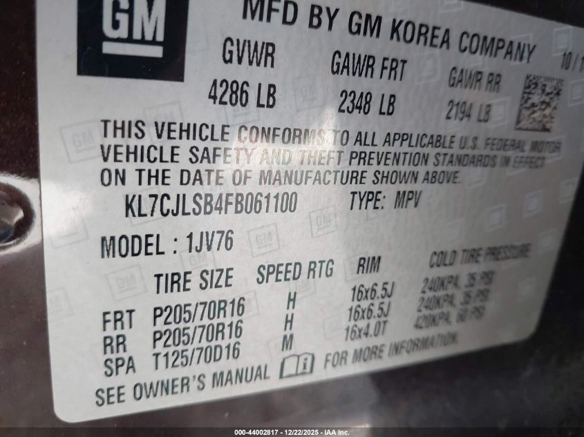 2015 Chevrolet Trax Lt VIN: KL7CJLSB4FB061100 Lot: 44002817