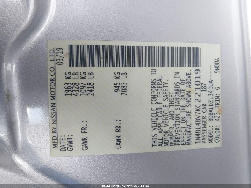 2019 Nissan Altima 2.5 S VIN: 1N4BL4BV7KC221019 Lot: 44002818