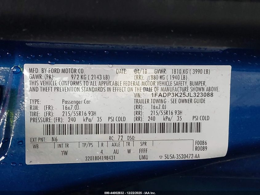 2018 Ford Focus Se VIN: 1FADP3K25JL323088 Lot: 44002832