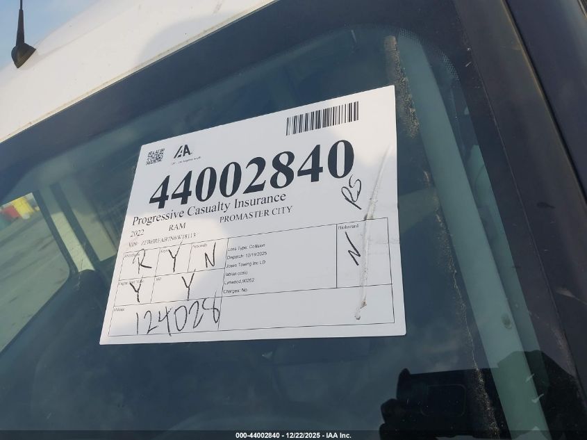 2022 Ram Promaster City Cargo Van VIN: ZFBHRFAB7N6W18113 Lot: 44002840