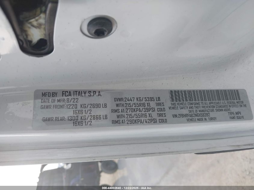 2022 Ram Promaster City Cargo Van VIN: ZFBHRFAB7N6W18113 Lot: 44002840