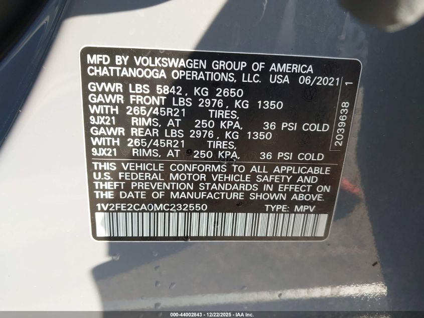 2021 Volkswagen Atlas Cross Sport 3.6L V6 Sel Premium R-Line VIN: 1V2FE2CA0MC232550 Lot: 44002843