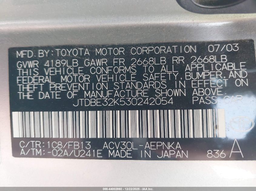 2003 Toyota Camry Le VIN: JTDBE32K530242054 Lot: 44002860