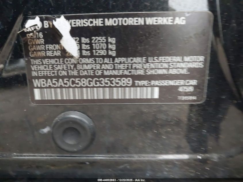 2016 BMW 528I VIN: WBA5A5C58GG353589 Lot: 44002863