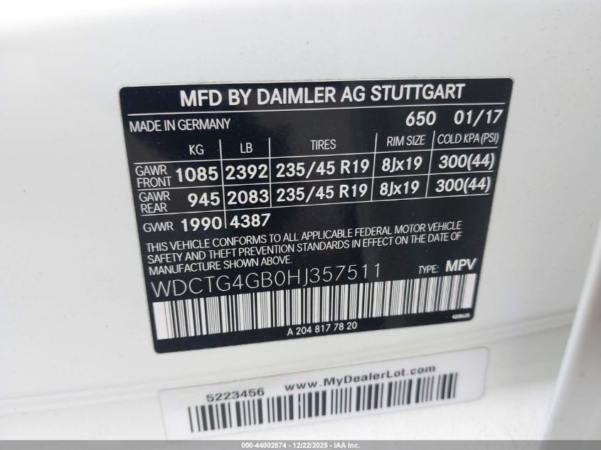 2017 Mercedes-Benz Gla 250 4Matic VIN: WDCTG4GB0HJ357511 Lot: 44002874