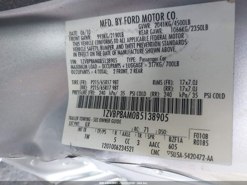 2011 Ford Mustang V6 VIN: 1ZVBP8AM0B5138905 Lot: 44002881