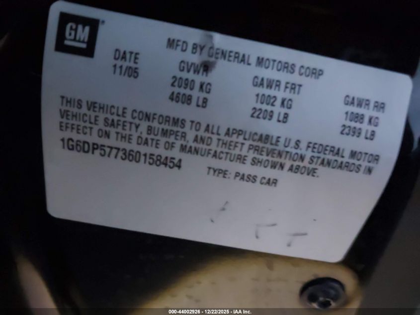 2006 Cadillac Cts Standard VIN: 1G6DP577360158454 Lot: 44002926