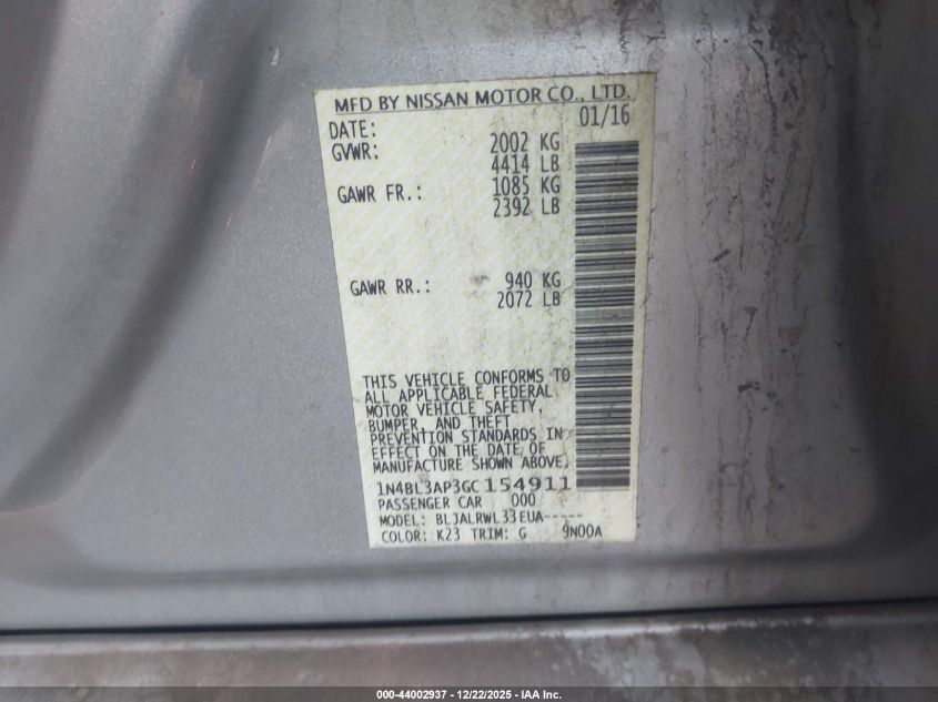 2016 Nissan Altima 3.5 Sl/3.5 Sr VIN: 1N4BL3AP3GC154911 Lot: 44002937