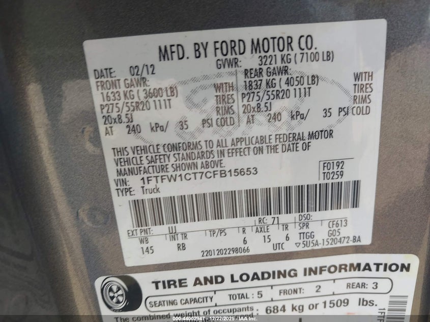 2012 Ford F-150 3.5 Fx2 Grey Lot 111044002947 Vin 1FTFW1CT7CFB15653