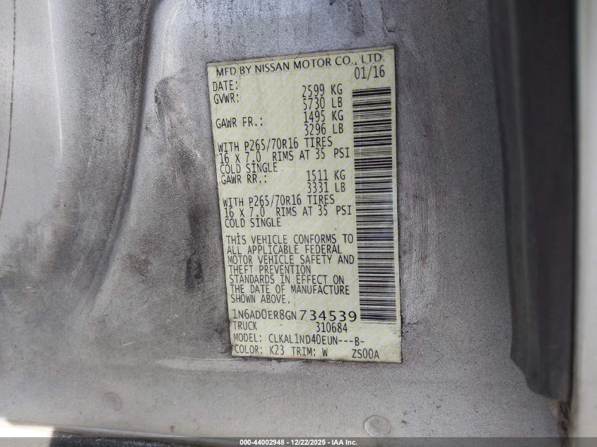 2016 Nissan Frontier S VIN: 1N6AD0ER8GN734539 Lot: 44002948