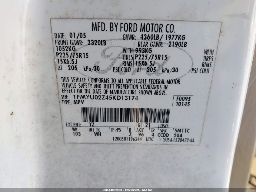 2005 Ford Escape Xls VIN: 1FMYU02Z45KD13174 Lot: 44002950