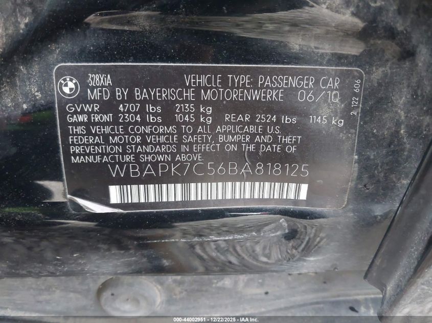 2011 BMW 328I xDrive VIN: WBAPK7C56BA818125 Lot: 44002951