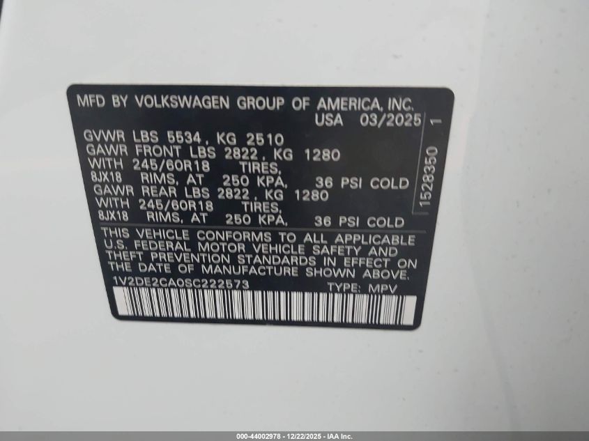 2025 Volkswagen Atlas Cross Sport 2.0T Se VIN: 1V2DE2CA0SC222573 Lot: 44002978