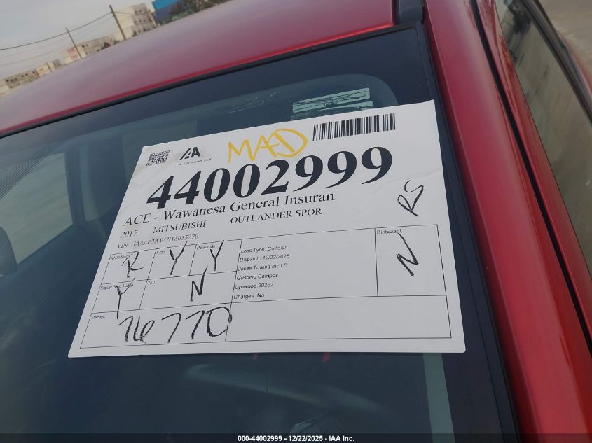 2017 Mitsubishi Outlander Sport 2.4 Se VIN: JA4AP3AW7HZ035270 Lot: 44002999