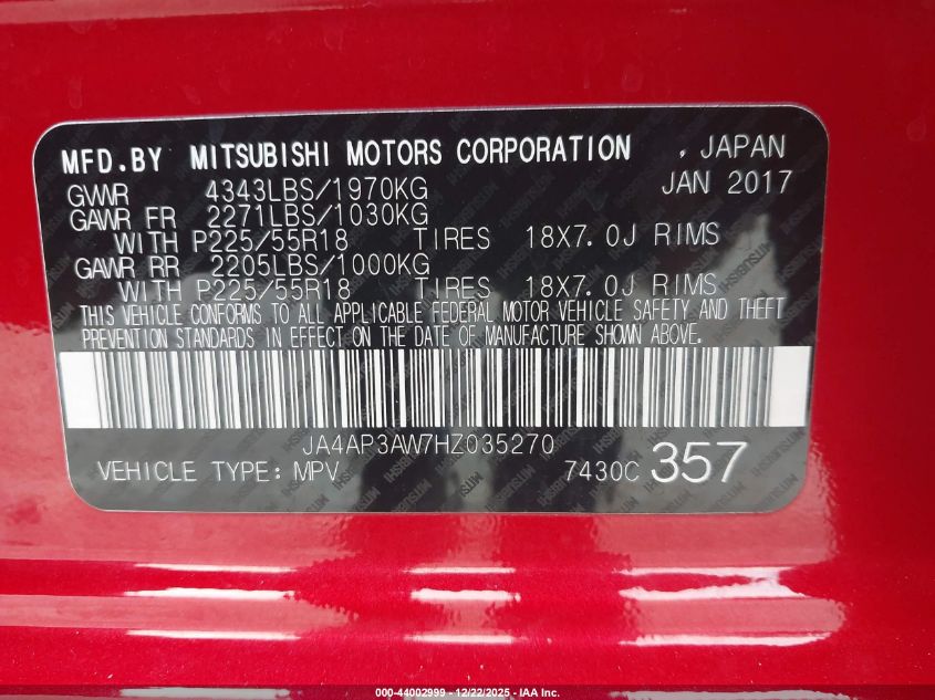 2017 Mitsubishi Outlander Sport 2.4 Se VIN: JA4AP3AW7HZ035270 Lot: 44002999