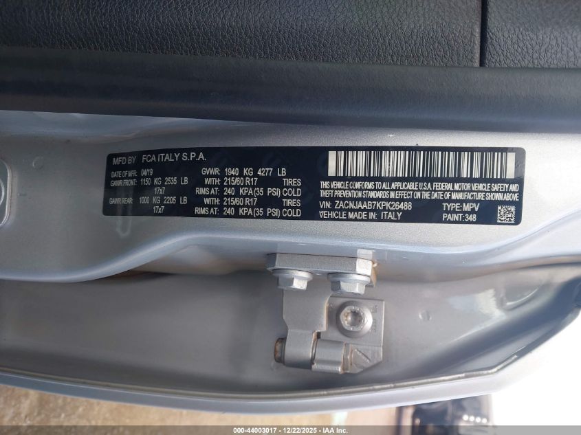 2019 Jeep Renegade Sport Fwd VIN: ZACNJAAB7KPK26488 Lot: 44003017