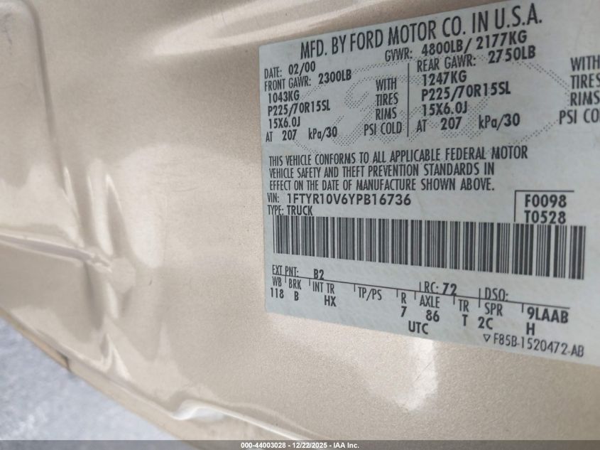 2000 Ford Ranger Xl/Xlt VIN: 1FTYR10V6YPB16736 Lot: 44003028