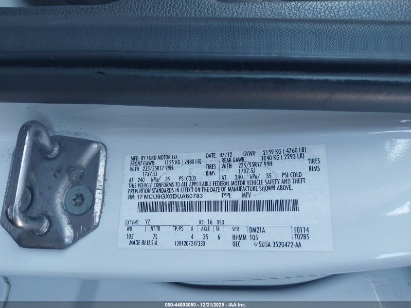 2013 Ford Escape Se VIN: 1FMCU9GX0DUA60783 Lot: 44003050