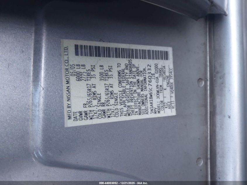 2005 Nissan Pathfinder Le VIN: 5N1AR18W65C760332 Lot: 44003052