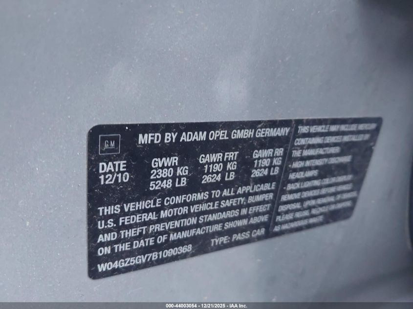 2011 Buick Regal Cxl Turbo Russelsheim VIN: W04GZ5GV7B1090368 Lot: 44003054