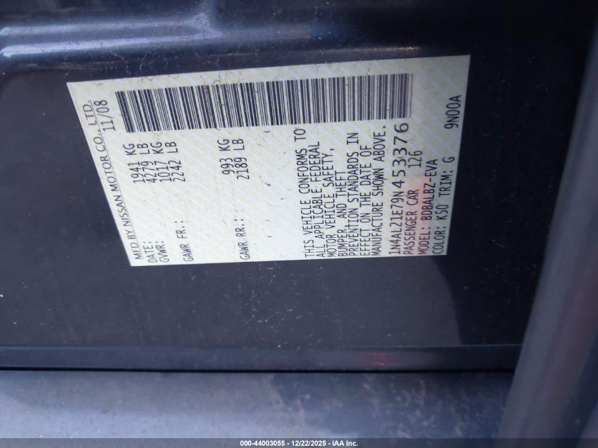 2009 Nissan Altima 2.5 S VIN: 1N4AL21E79N453376 Lot: 44003055