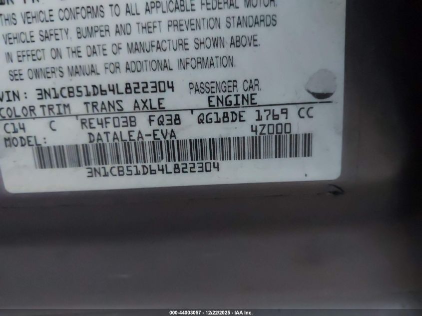 2004 Nissan Sentra 1.8S VIN: 3N1CB51D64L822304 Lot: 44003057