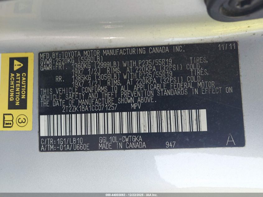 2012 Lexus Rx 350 VIN: 2T2ZK1BA1CC071257 Lot: 44003063