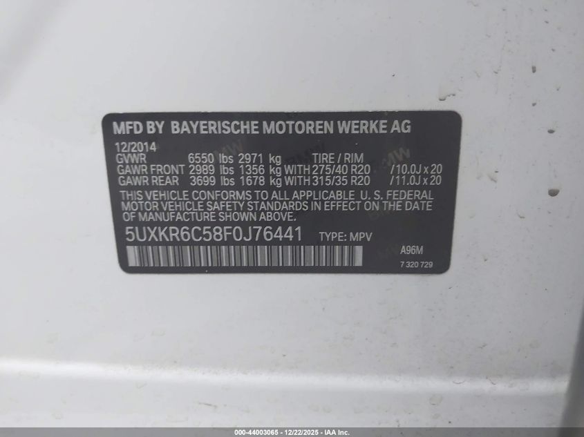 2015 BMW X5 xDrive50I VIN: 5UXKR6C58F0J76441 Lot: 44003065