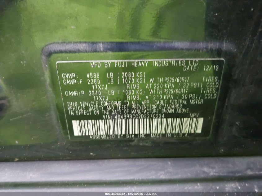 2013 Subaru Outback 2.5I Premium VIN: 4S4BRBCC2D3270234 Lot: 44003082