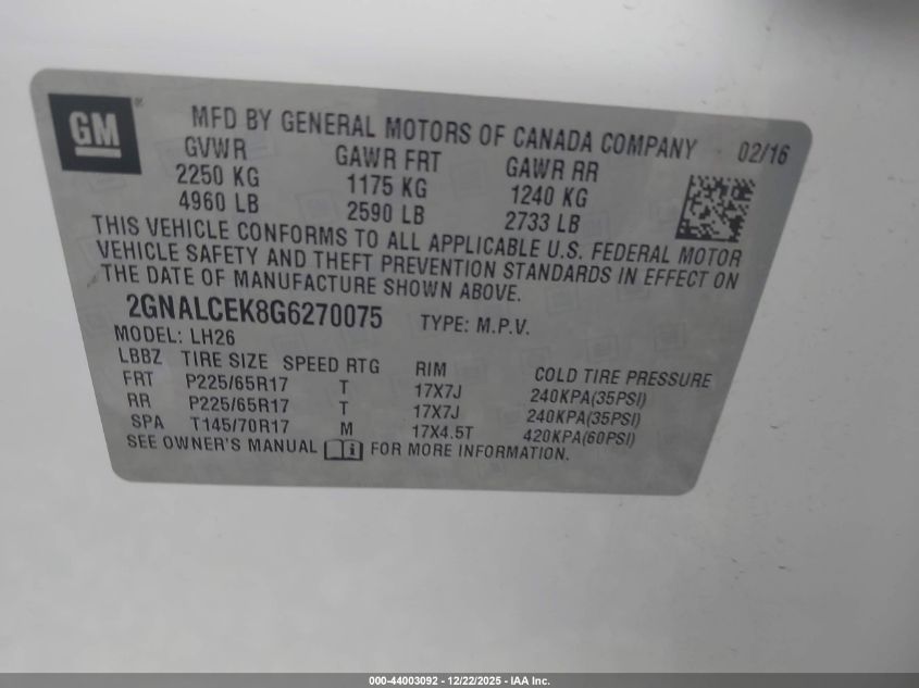 2016 Chevrolet Equinox Lt VIN: 2GNALCEK8G6270075 Lot: 44003092