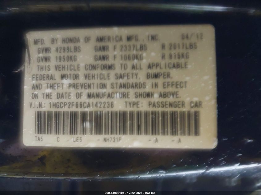 2012 Honda Accord 2.4 Se VIN: 1HGCP2F66CA142238 Lot: 44003101