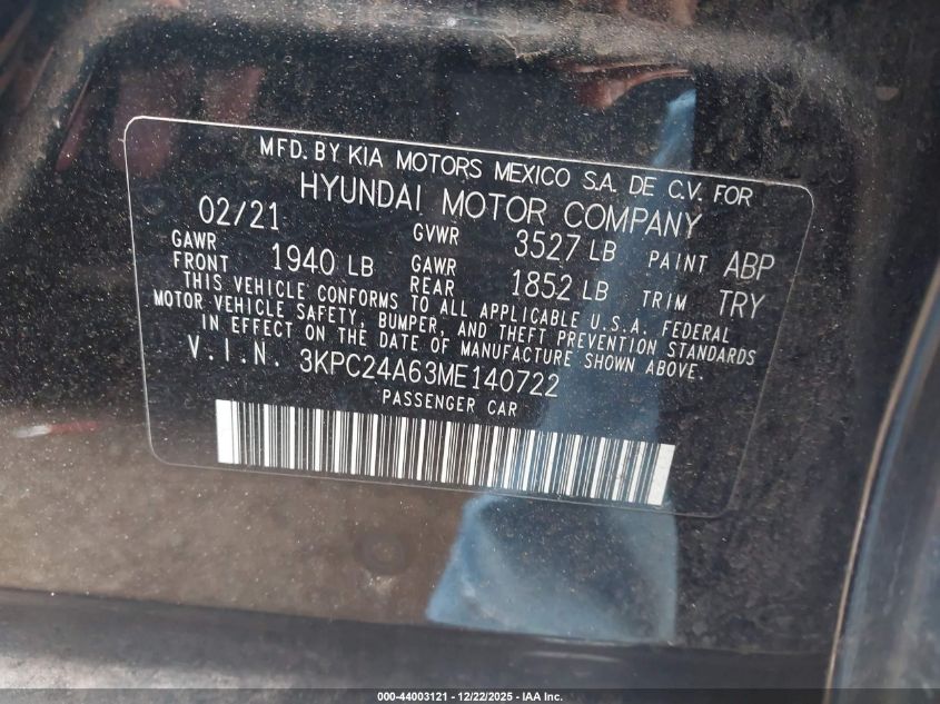 2021 Hyundai Accent Sel VIN: 3KPC24A63ME140722 Lot: 44003121