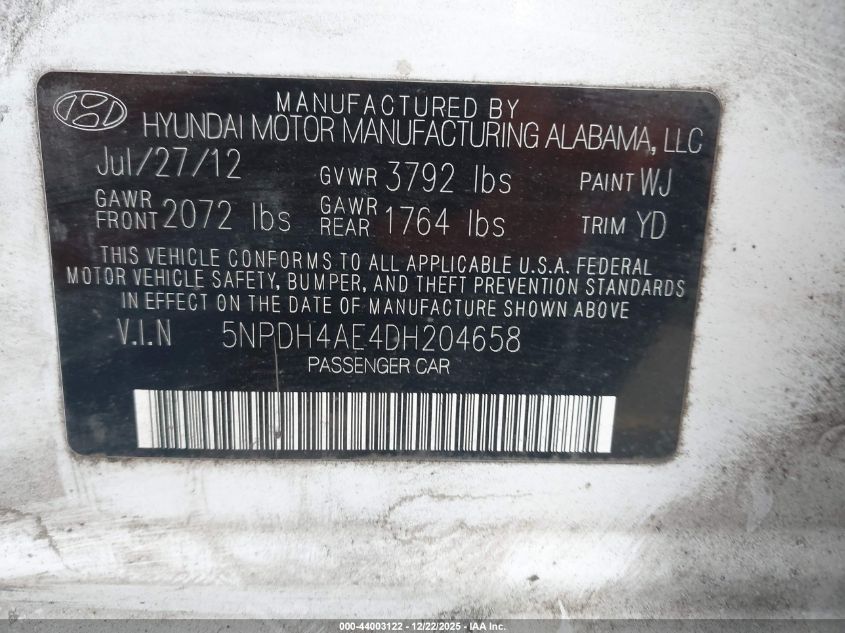 2013 Hyundai Elantra Gls/Limited VIN: 5NPDH4AE4DH204658 Lot: 44003122