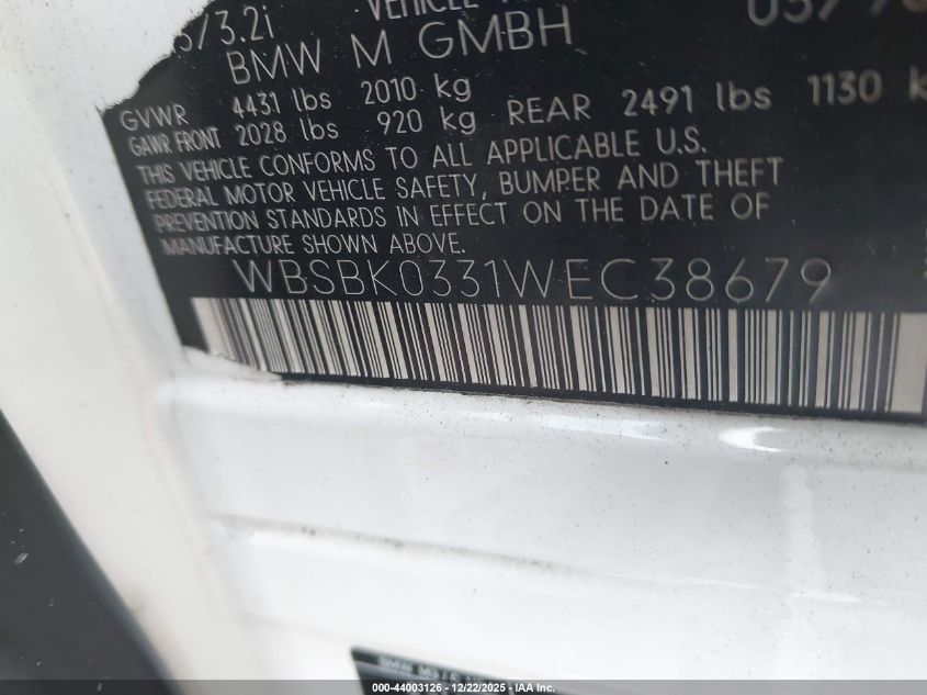 1998 BMW M3 VIN: WBSBK0331WEC38679 Lot: 44003126