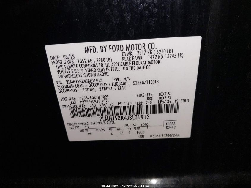 2018 Lincoln Mkt Livery VIN: 2LMHJ5NK4JBL01913 Lot: 44003127