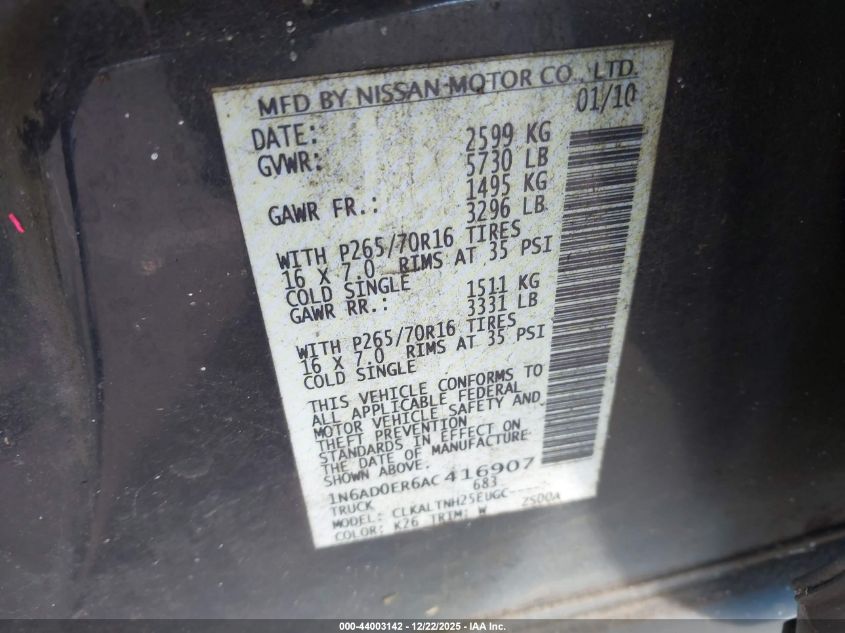 2010 Nissan Frontier Se VIN: 1N6AD0ER6AC416907 Lot: 44003142