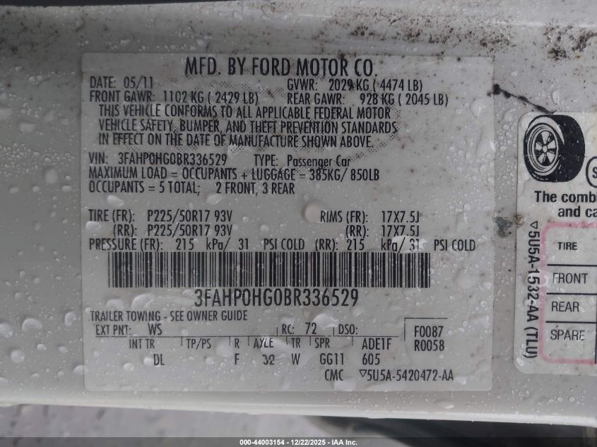 2011 Ford Fusion Se VIN: 3FAHP0HG0BR336529 Lot: 44003154