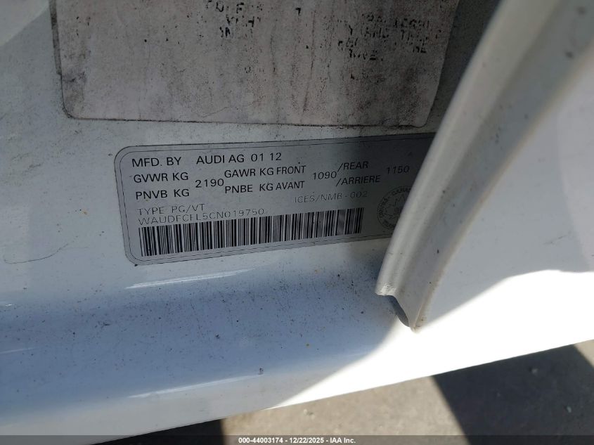 2012 Audi A4 2.0T VIN: WAUDFCFL5CN019750 Lot: 44003174