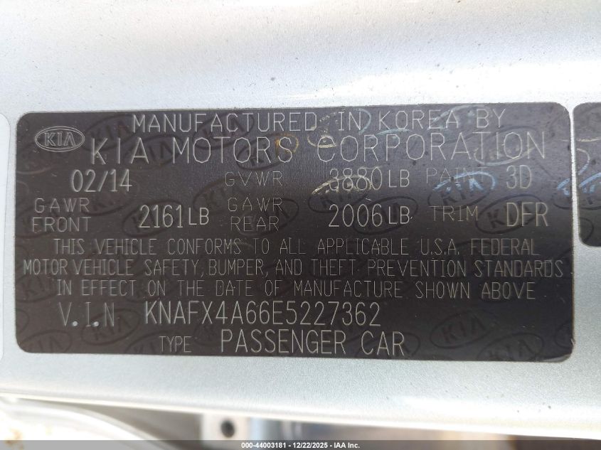 2014 Kia Forte Lx VIN: KNAFX4A66E5227362 Lot: 44003181