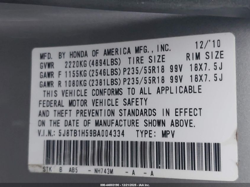 2011 Acura Rdx VIN: 5J8TB1H59BA004334 Lot: 44003190