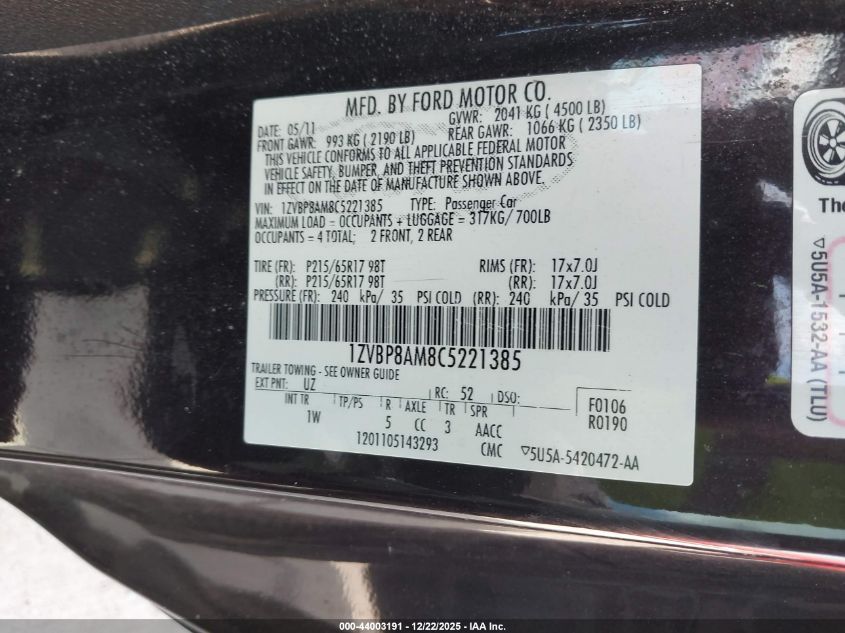 2012 Ford Mustang V6 VIN: 1ZVBP8AM8C5221385 Lot: 44003191