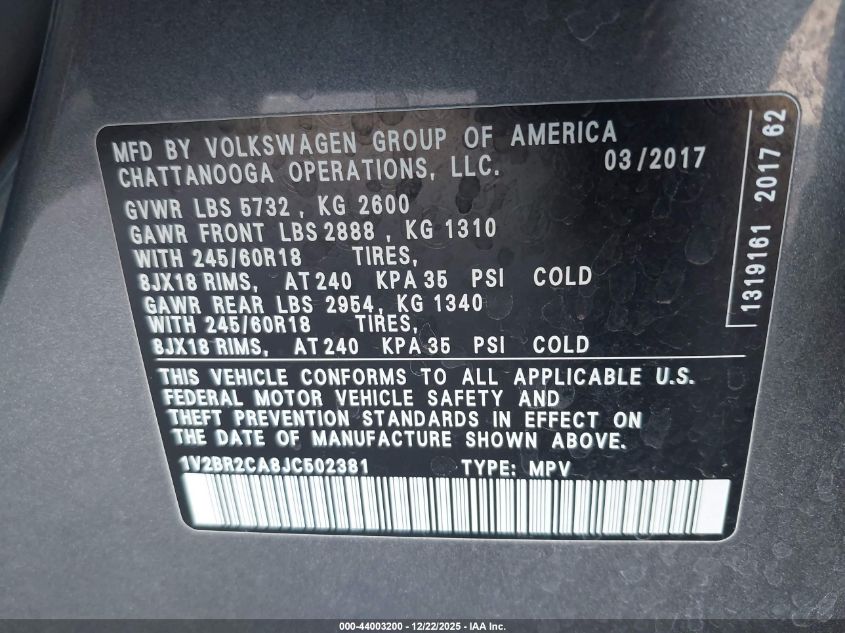 2018 Volkswagen Atlas 3.6L V6 Launch Edition VIN: 1V2BR2CA8JC502381 Lot: 44003200