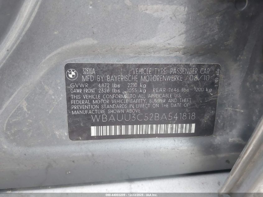 2011 BMW 328I xDrive VIN: WBAUU3C52BA541818 Lot: 44003209