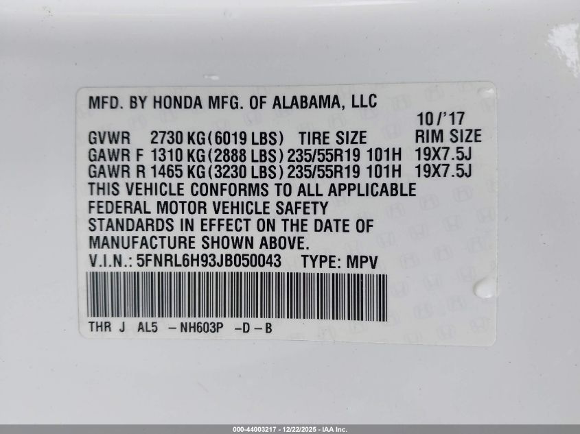 2018 Honda Odyssey Elite VIN: 5FNRL6H93JB050043 Lot: 44003217