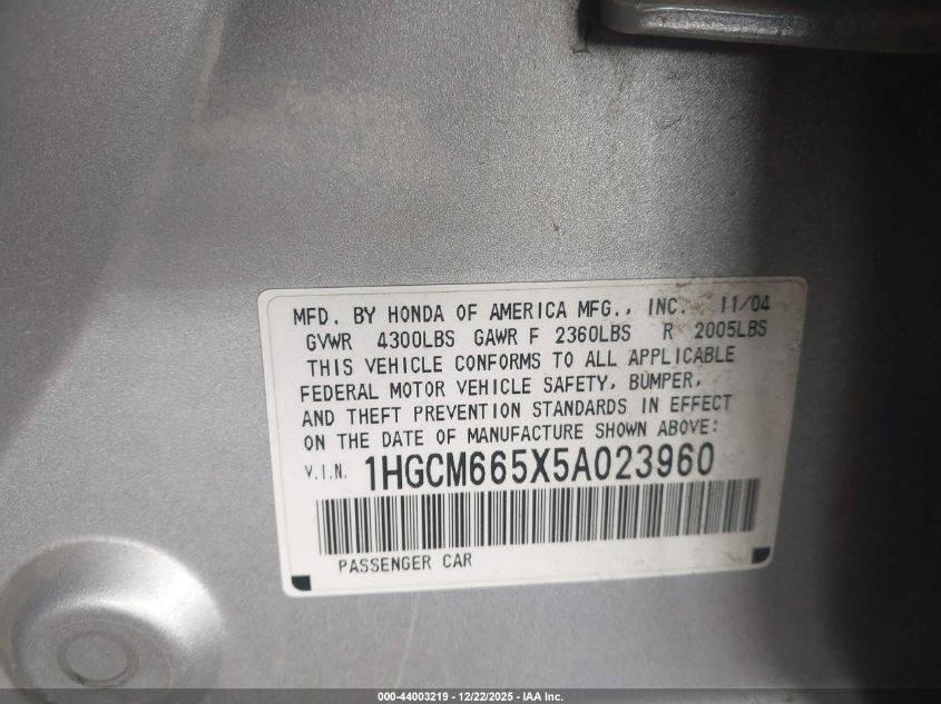 2005 Honda Accord 3.0 Ex VIN: 1HGCM665X5A023960 Lot: 44003219