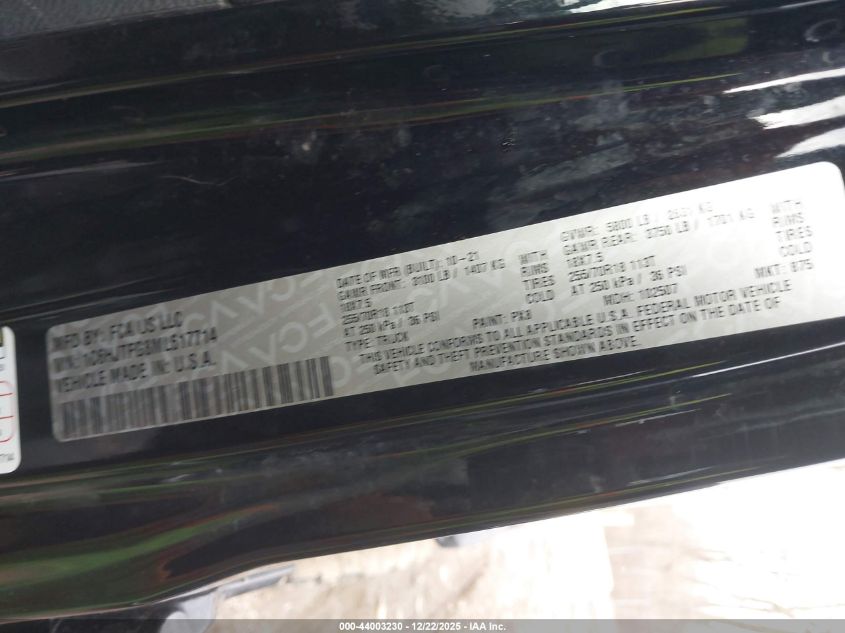 2021 Jeep Gladiator Overland 4X4 VIN: 1C6HJTFG8ML617714 Lot: 44003230