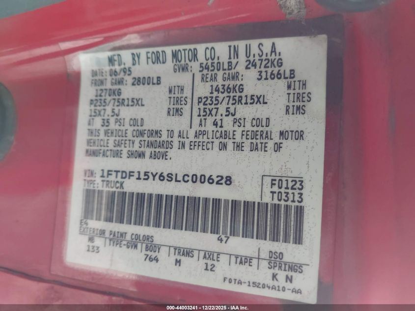 1995 Ford F150 VIN: 1FTDF15Y6SLC00628 Lot: 44003241