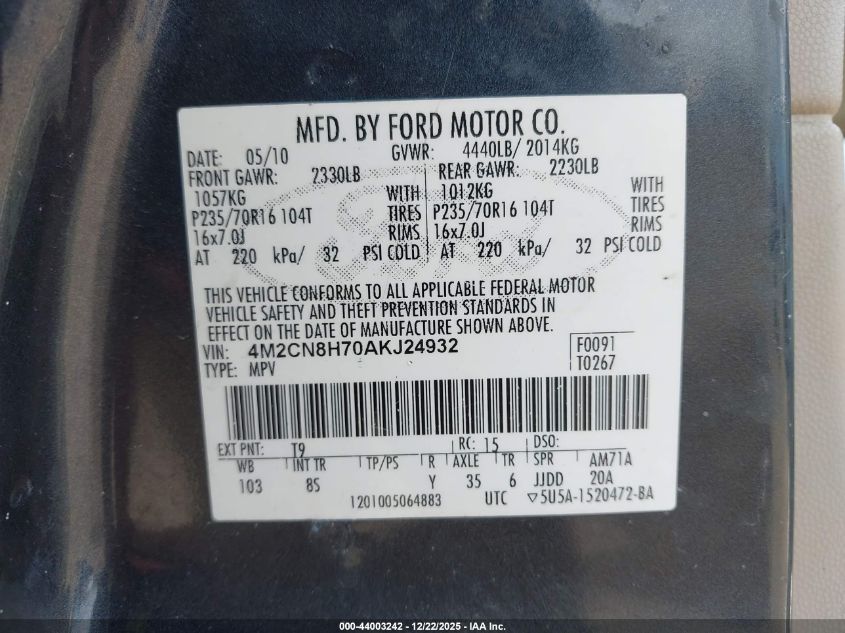 2010 Mercury Mariner Premier VIN: 4M2CN8H70AKJ24932 Lot: 44003242