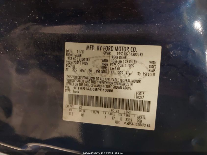 2011 Ford Ranger Xl VIN: 1FTKR1AD5BPB16696 Lot: 44003247