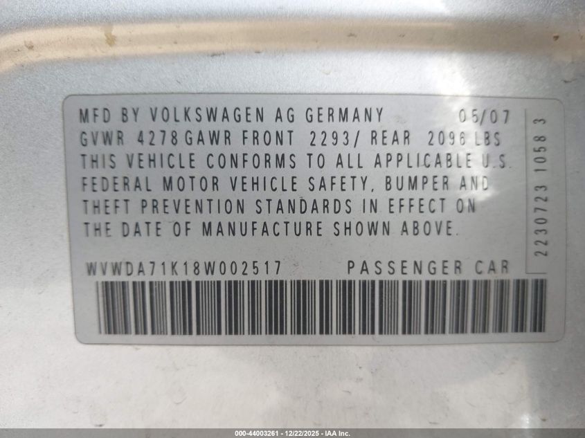 2008 Volkswagen Rabbit S VIN: WVWDA71K18W002517 Lot: 44003261